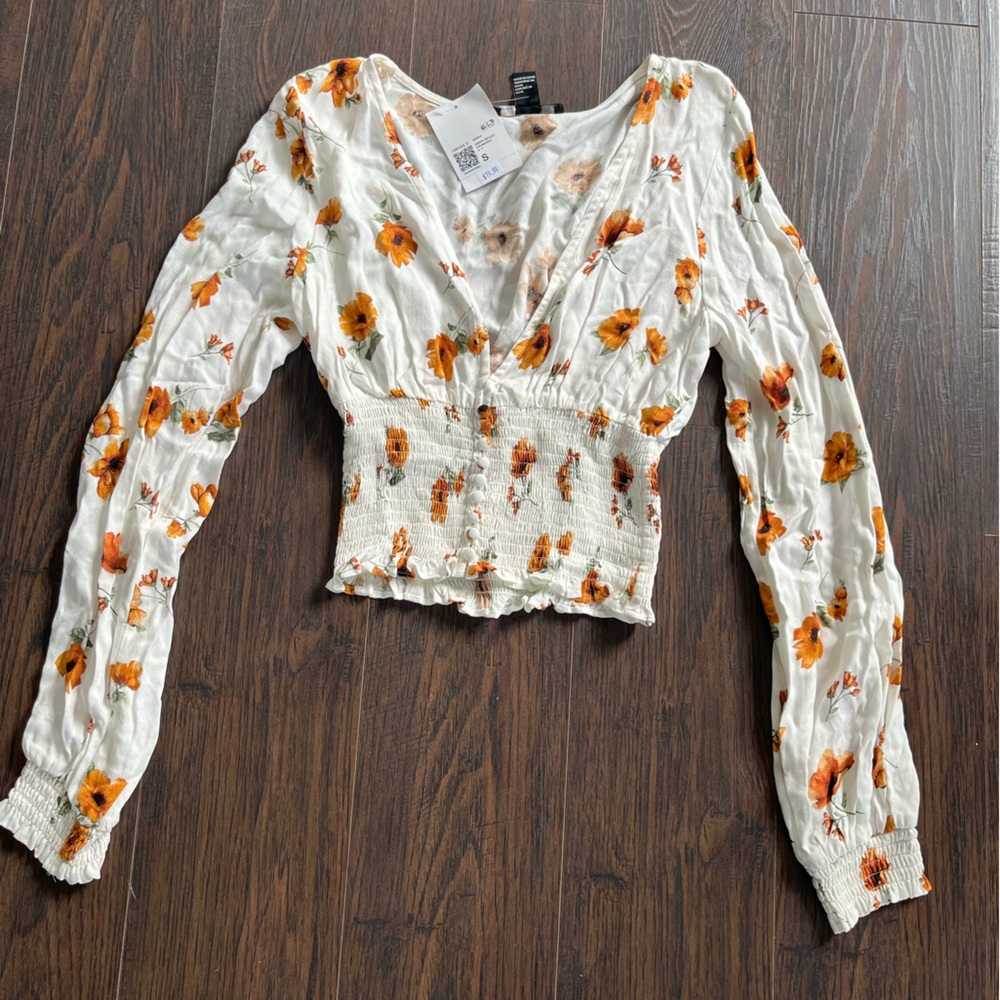 Forever 21 White Floral Smocked Crop Top with Orange Flowers